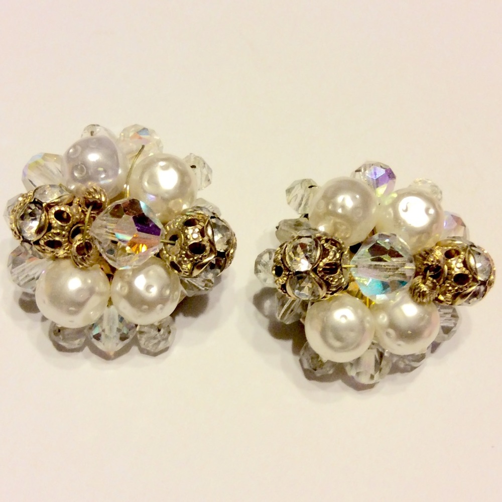 Vintage Clip Earrings Aurora Borealis Crystals